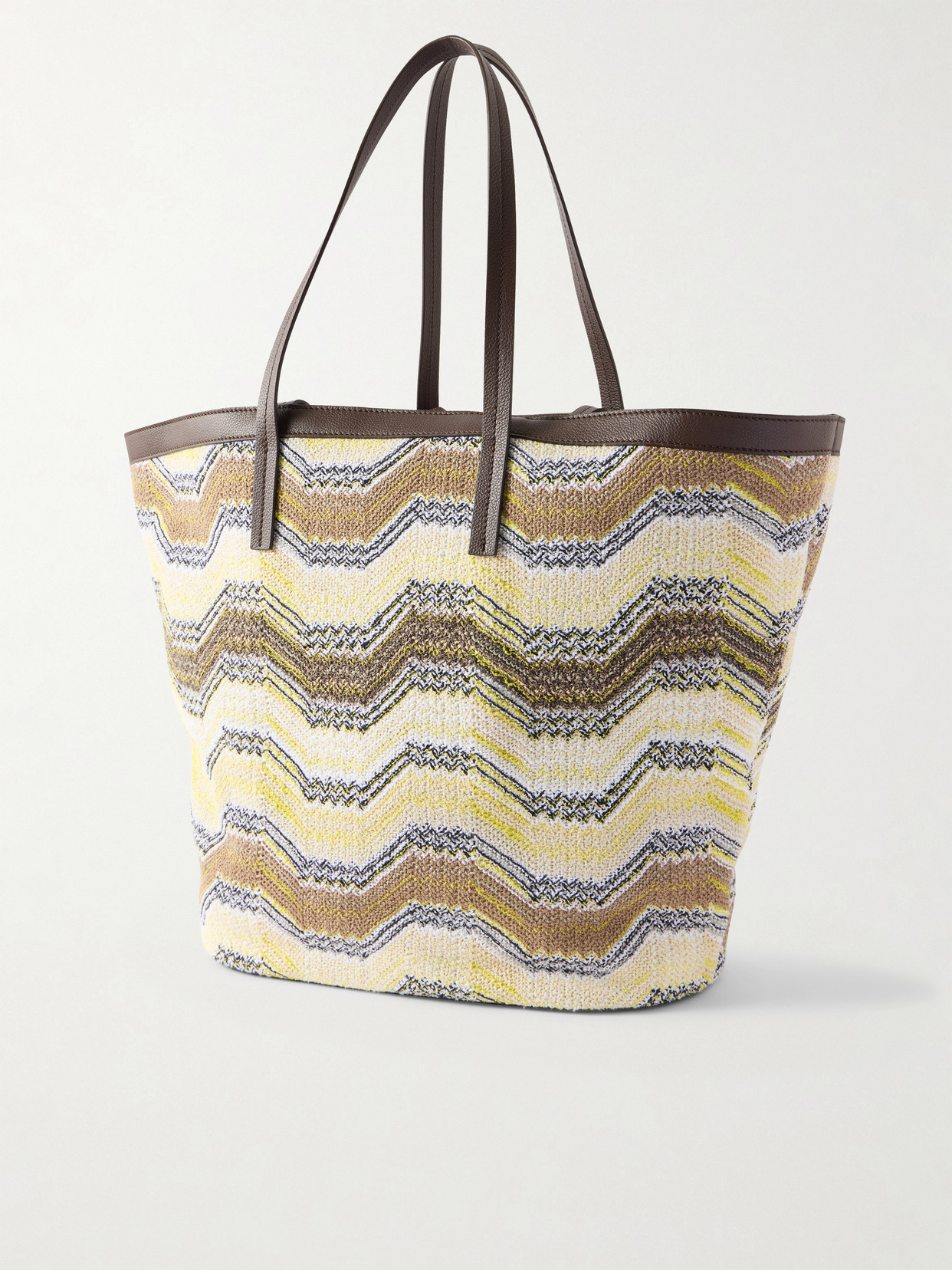 Leather-Trimmed Striped Woven Tote
