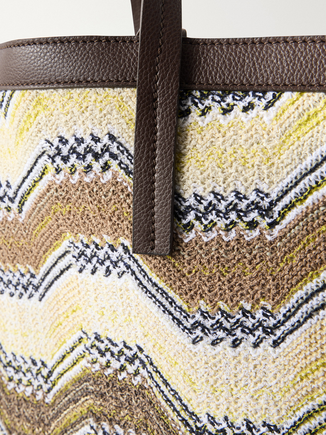 Leather-Trimmed Striped Woven Tote