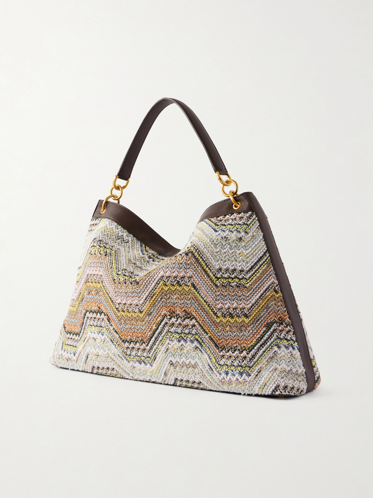Sequined-Embellished Striped Leather-Trimmed Woven Shoulder Bag