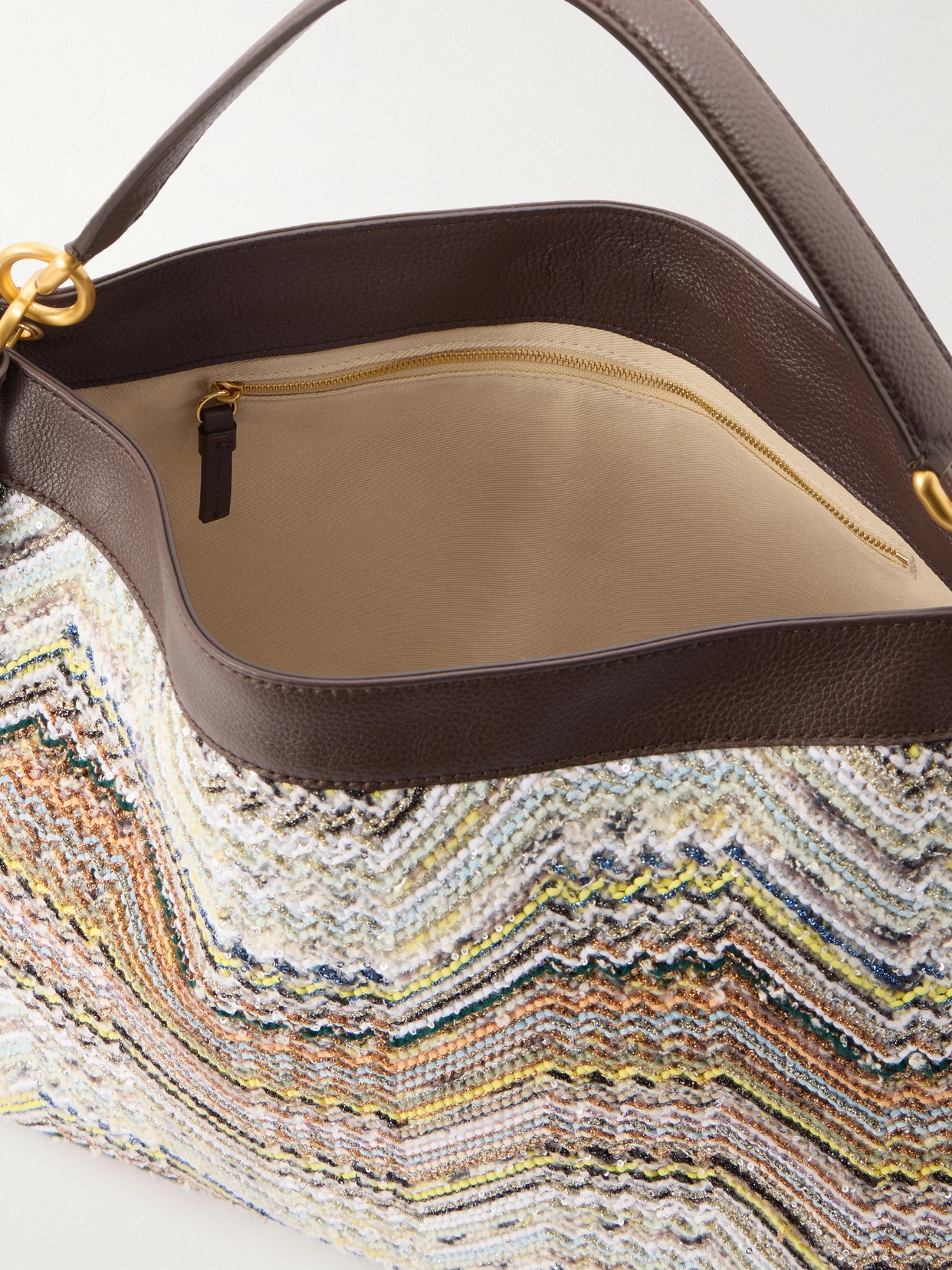 Sequined-Embellished Striped Leather-Trimmed Woven Shoulder Bag