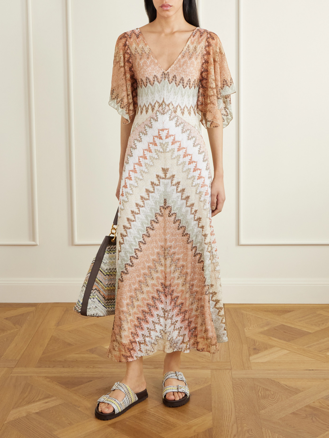 Sequined-Embellished Striped Leather-Trimmed Woven Shoulder Bag