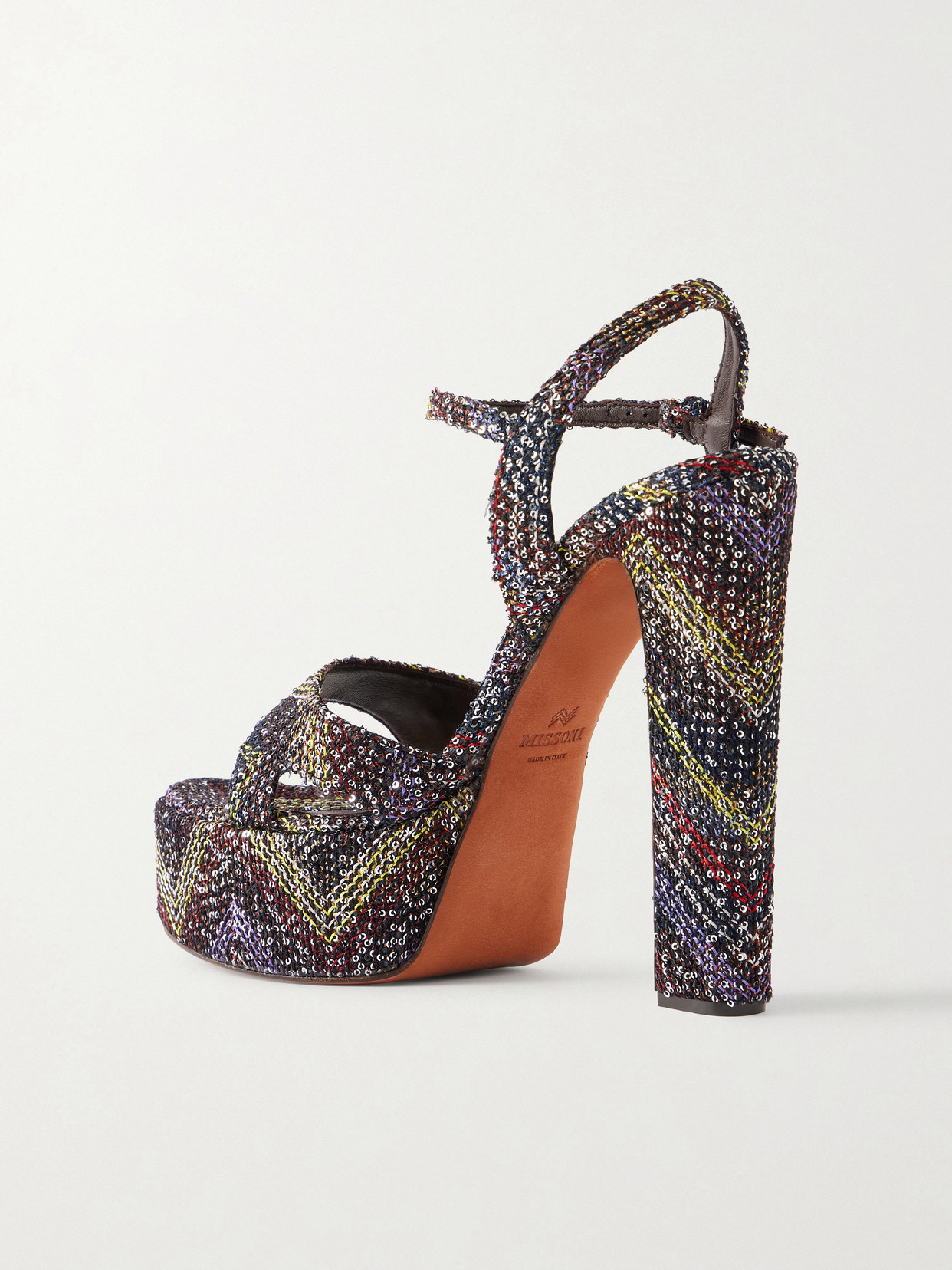 Angela Sequin-Embellished Striped Woven Platform Sandals