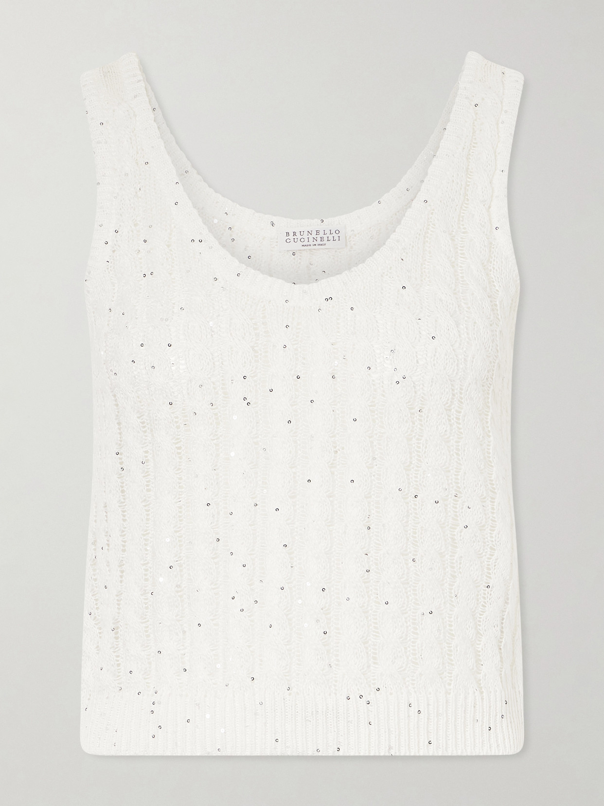 Sequin-Embellished Open-Knit Linen-Blend Tank