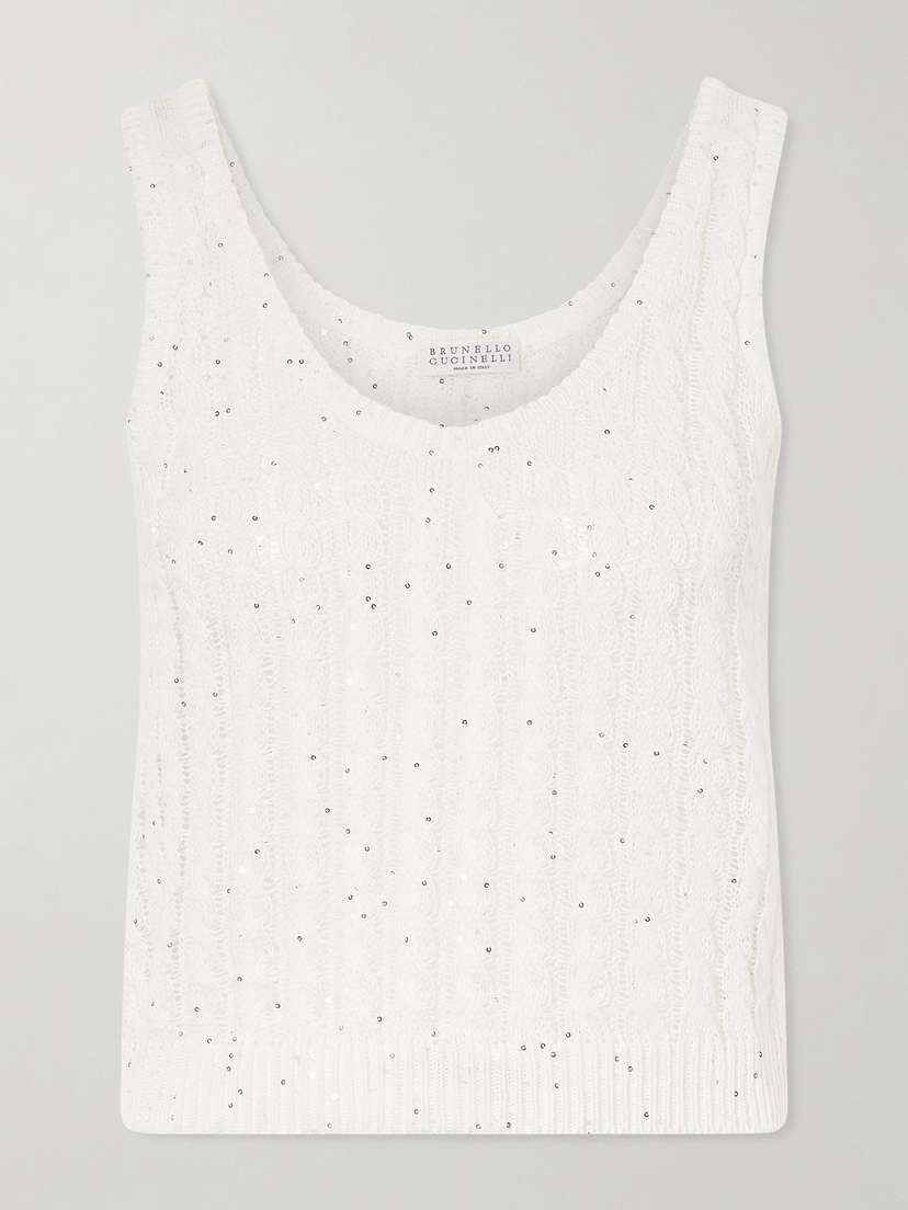 Brunello Cucinelli Sequin-embellished Open-knit Linen-blend Tank