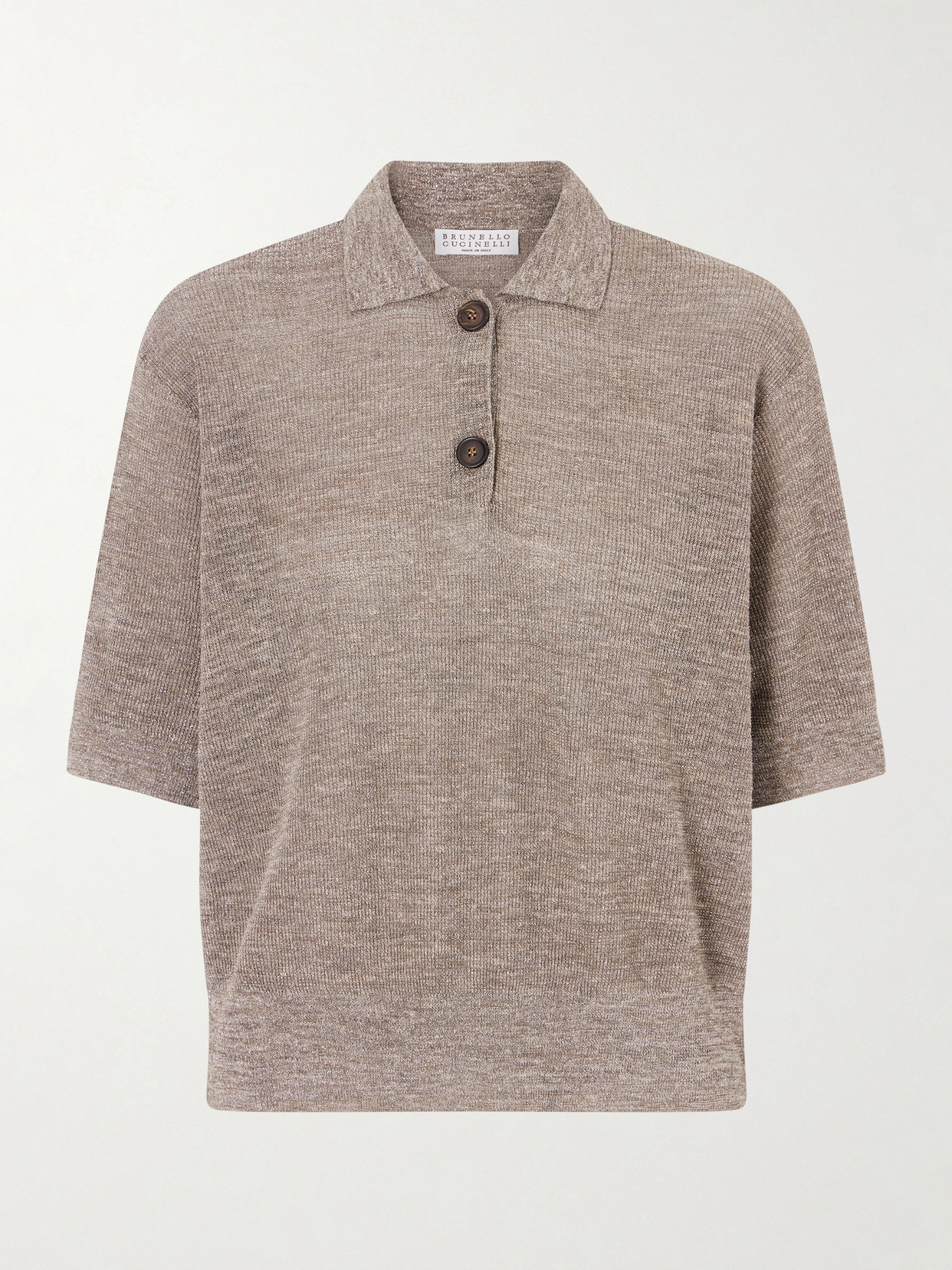 Brunello Cucinelli Metallic-knit Polo Shirt In Brown