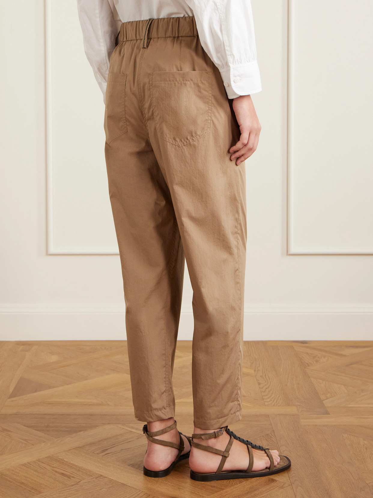 Brunello Cucinelli Lightweight Poplin Five-pocket Track Trousers With Monili Clothing In Brown