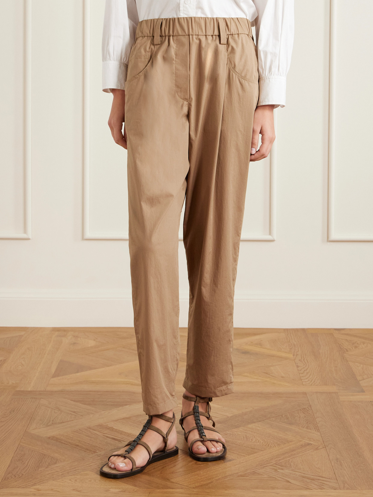 Brunello Cucinelli Lightweight Poplin Five-pocket Track Trousers With Monili Clothing In Brown