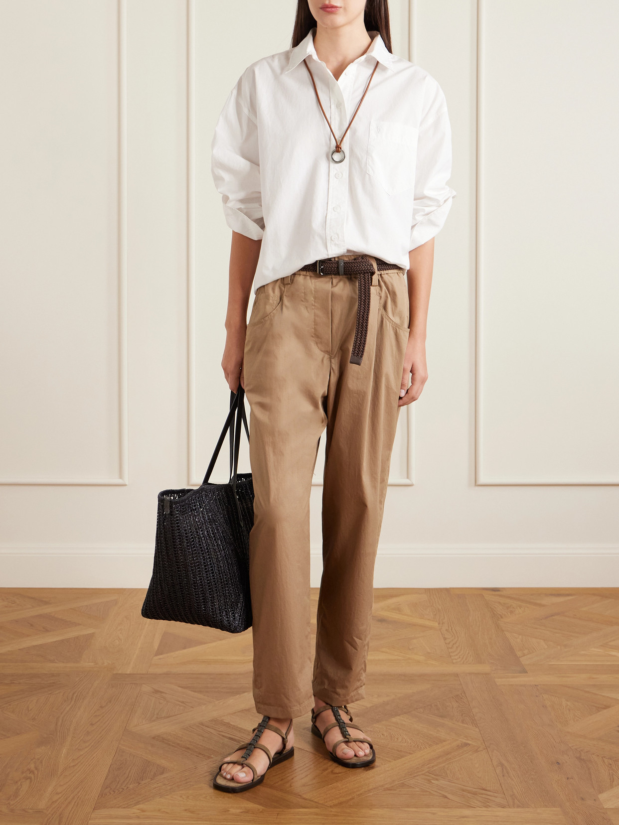 Brunello Cucinelli Lightweight Poplin Five-pocket Track Trousers With Monili Clothing In Brown