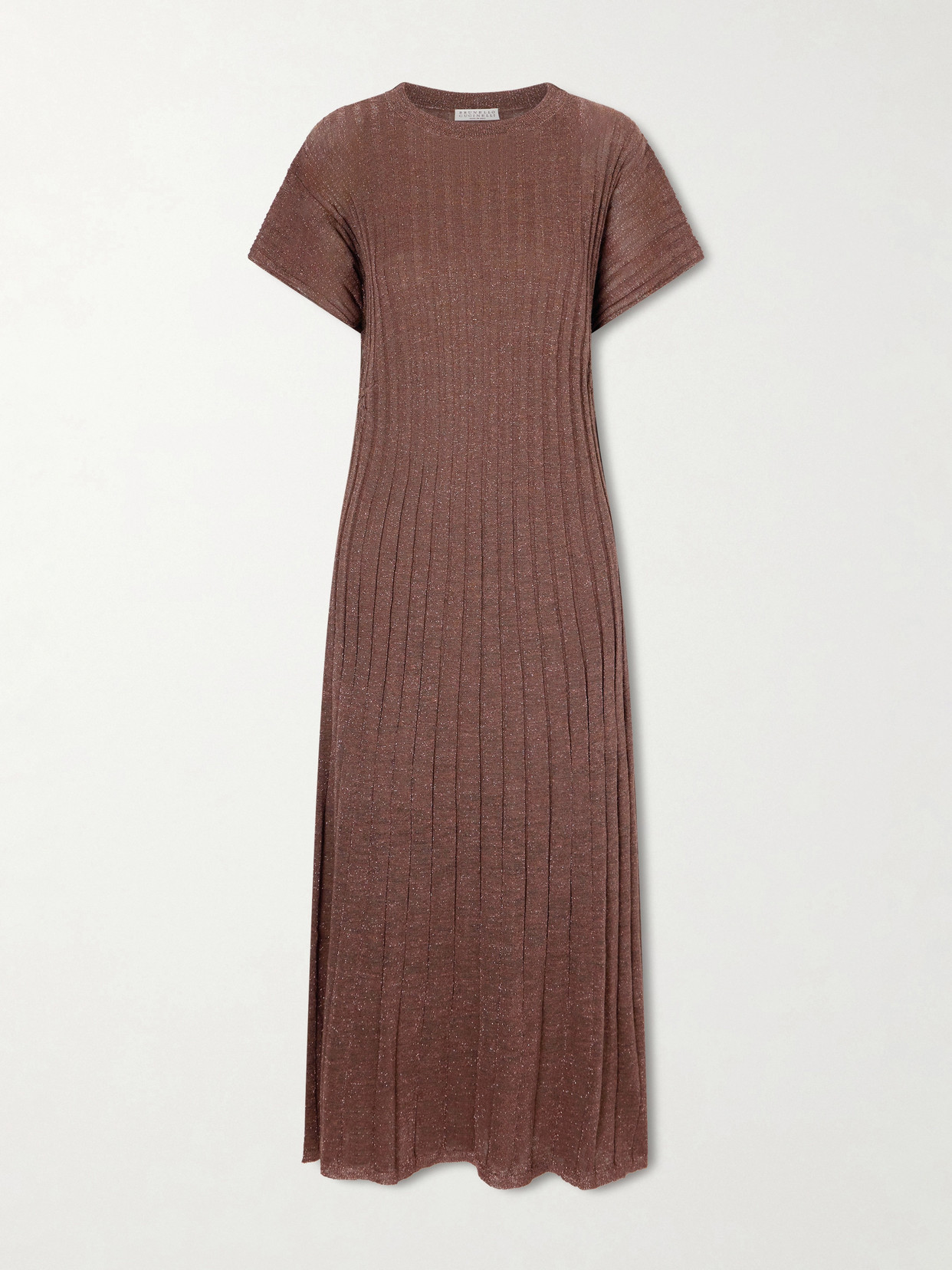 Brunello Cucinelli Metallic Ribbed-knit Midi Dress In Brown