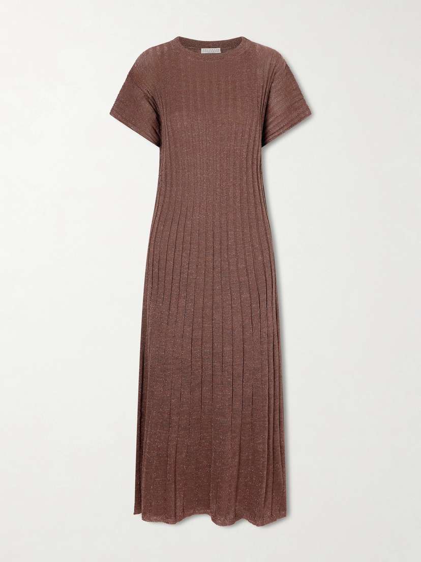 Brunello Cucinelli Metallic Ribbed-knit Midi Dress