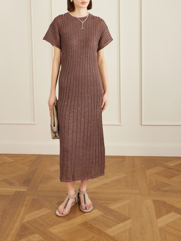 Brunello Cucinelli Metallic ribbed-knit midi dress