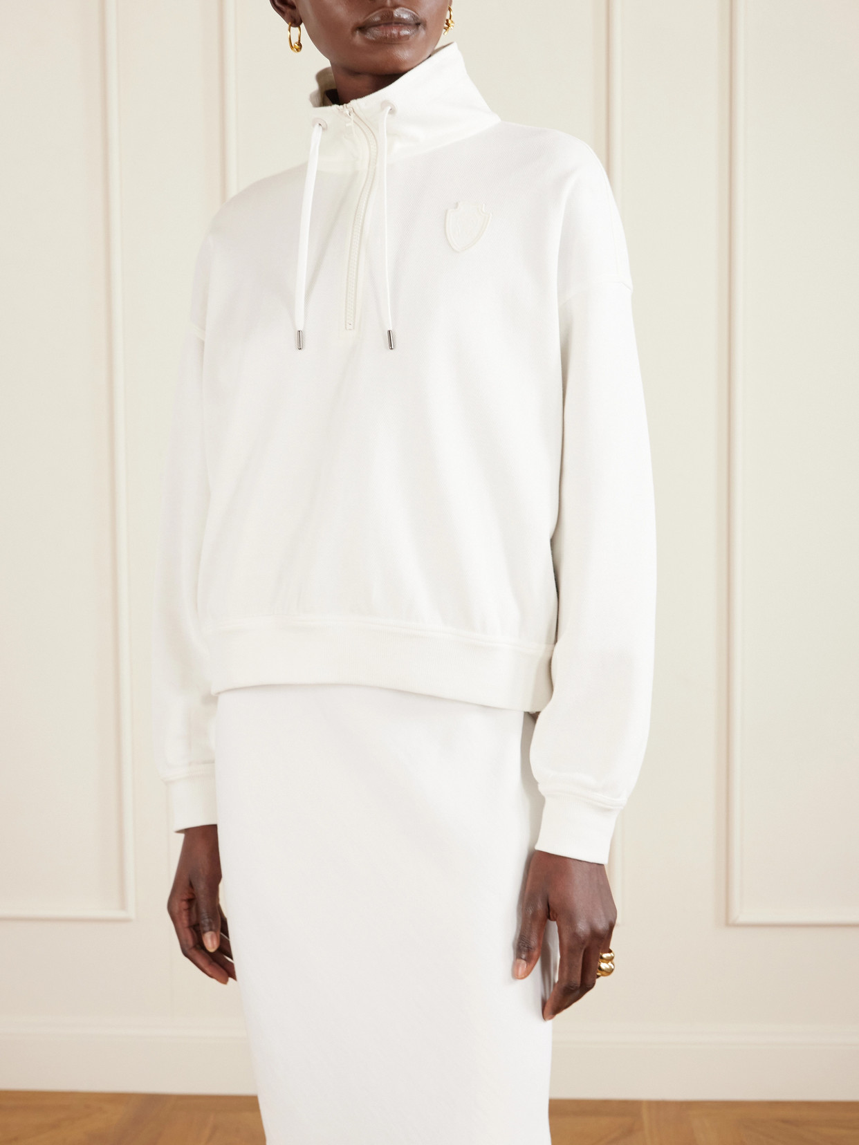 Brunello Cucinelli Cotton High Neck Sweater Drawstring Collar In White