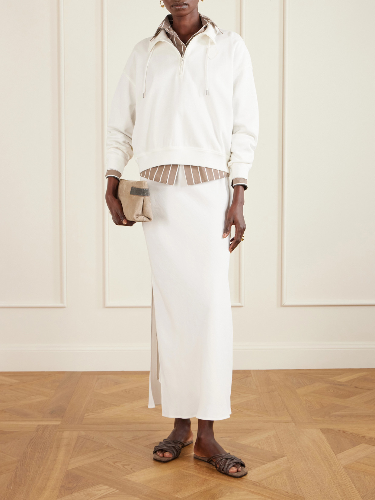 Brunello Cucinelli Cotton High Neck Sweater Drawstring Collar In White