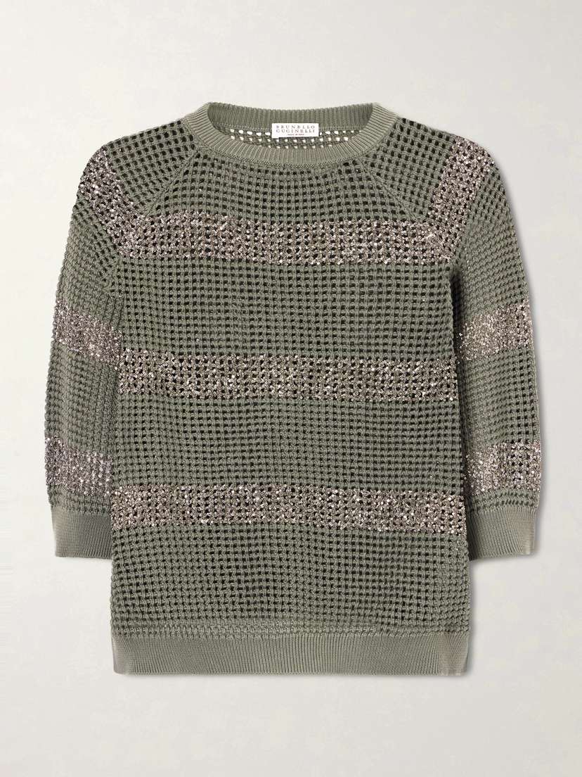 Brunello Cucinelli Sequin-embellished Striped Open-knit Cotton Sweater