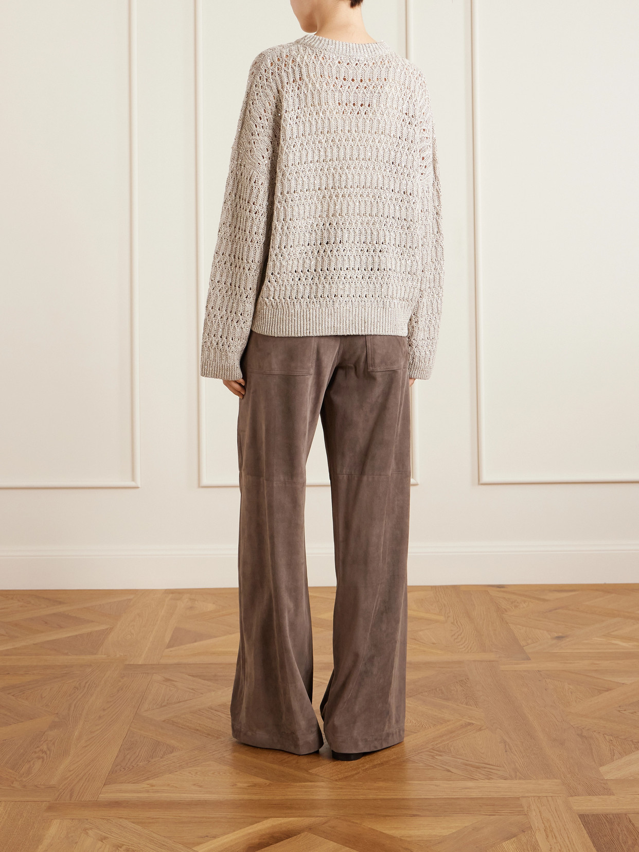 Sequined Open-Knit Linen-Blend Sweater