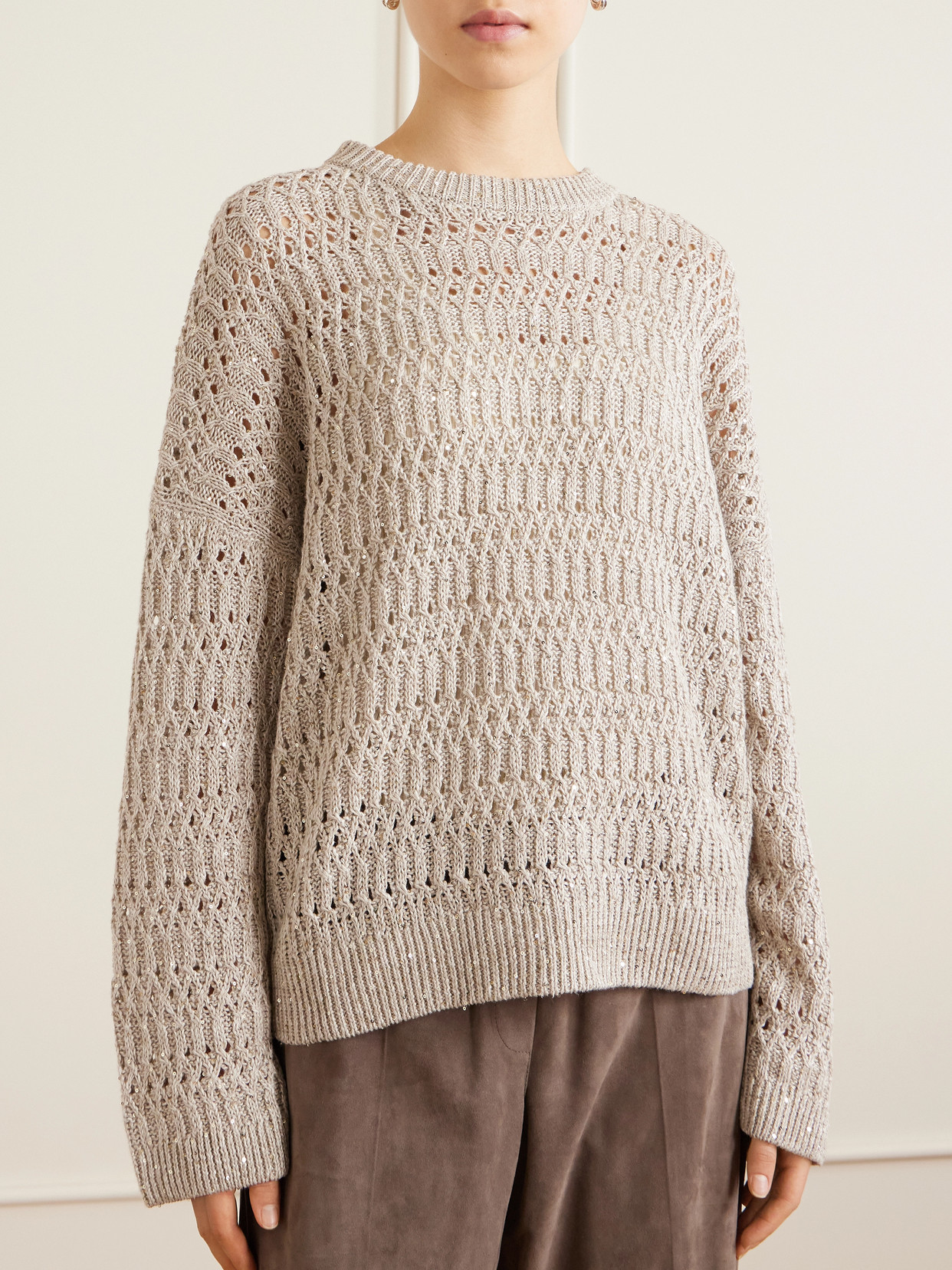 Sequined Open-Knit Linen-Blend Sweater