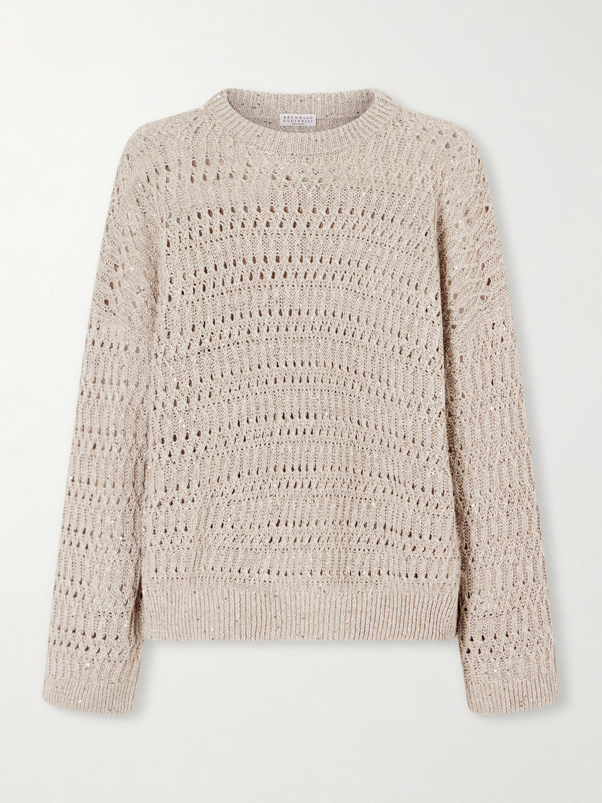 Brunello Cucinelli Sequined Open-knit Linen-blend Sweater In Neutral