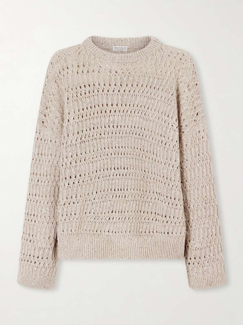 Brunello Cucinelli Sequined Open-knit Linen-blend Sweater