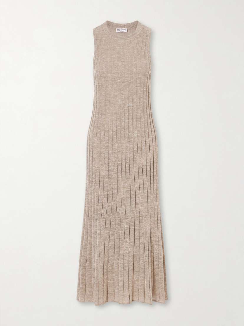 Brunello Cucinelli Metallic Ribbed-knit Midi Dress