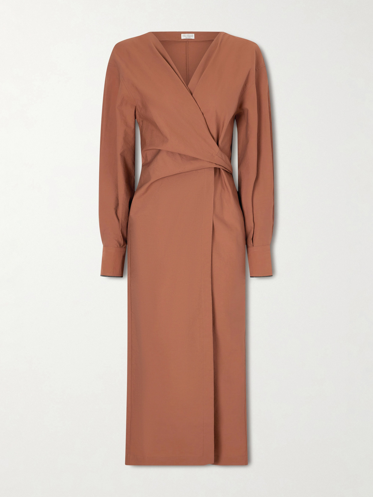 Brunello Cucinelli Embellished Cotton-blend Midi Wrap Dress In Brown