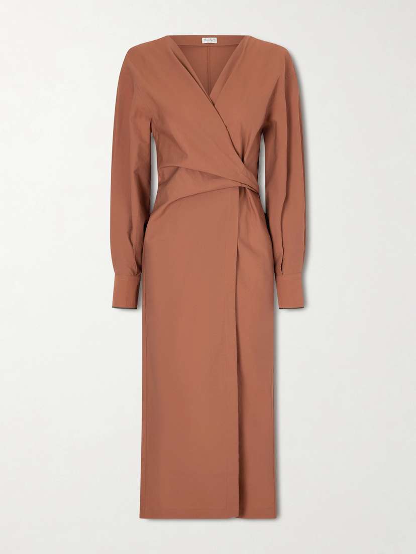 Brunello Cucinelli Embellished Cotton-blend Midi Wrap Dress