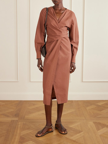 Brunello Cucinelli Embellished cotton-blend midi wrap dress