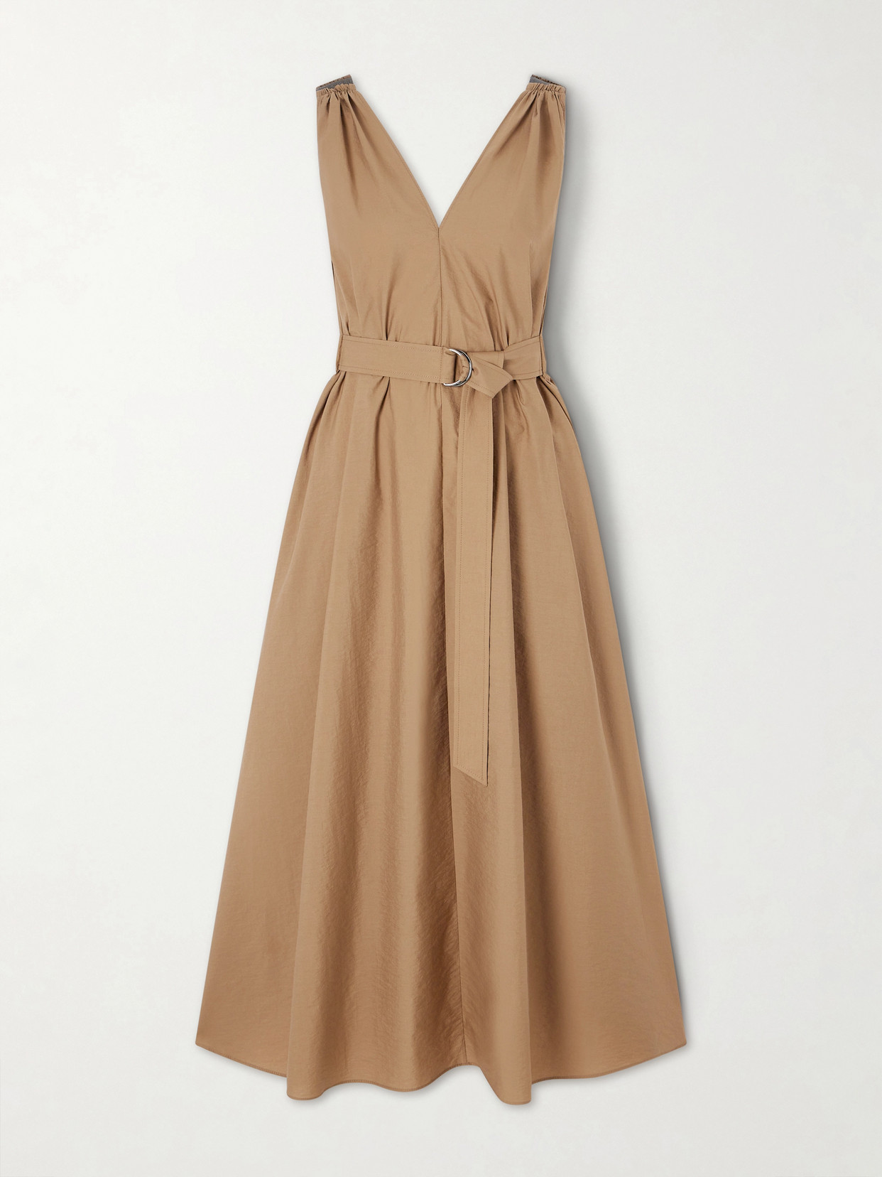 Brunello Cucinelli Belted Cotton-blend Poplin Midi Dress In Brown