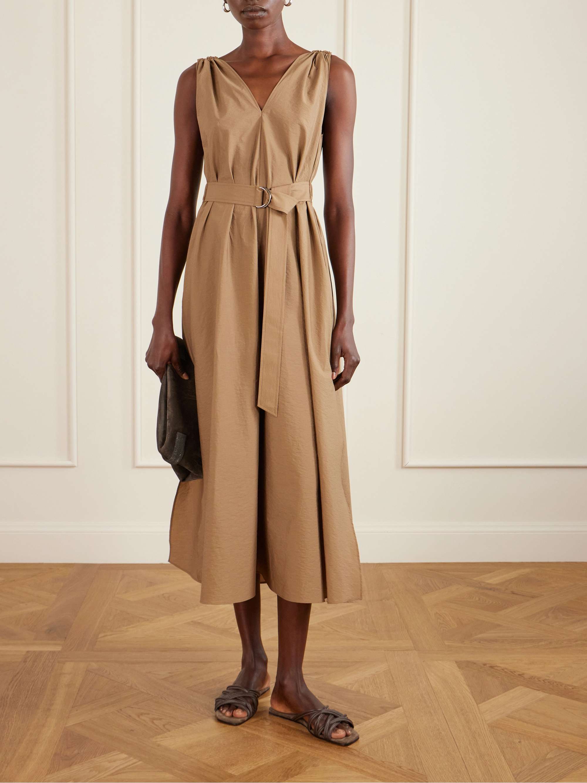 BRUNELLO CUCINELLI Belted cotton-blend poplin midi dress