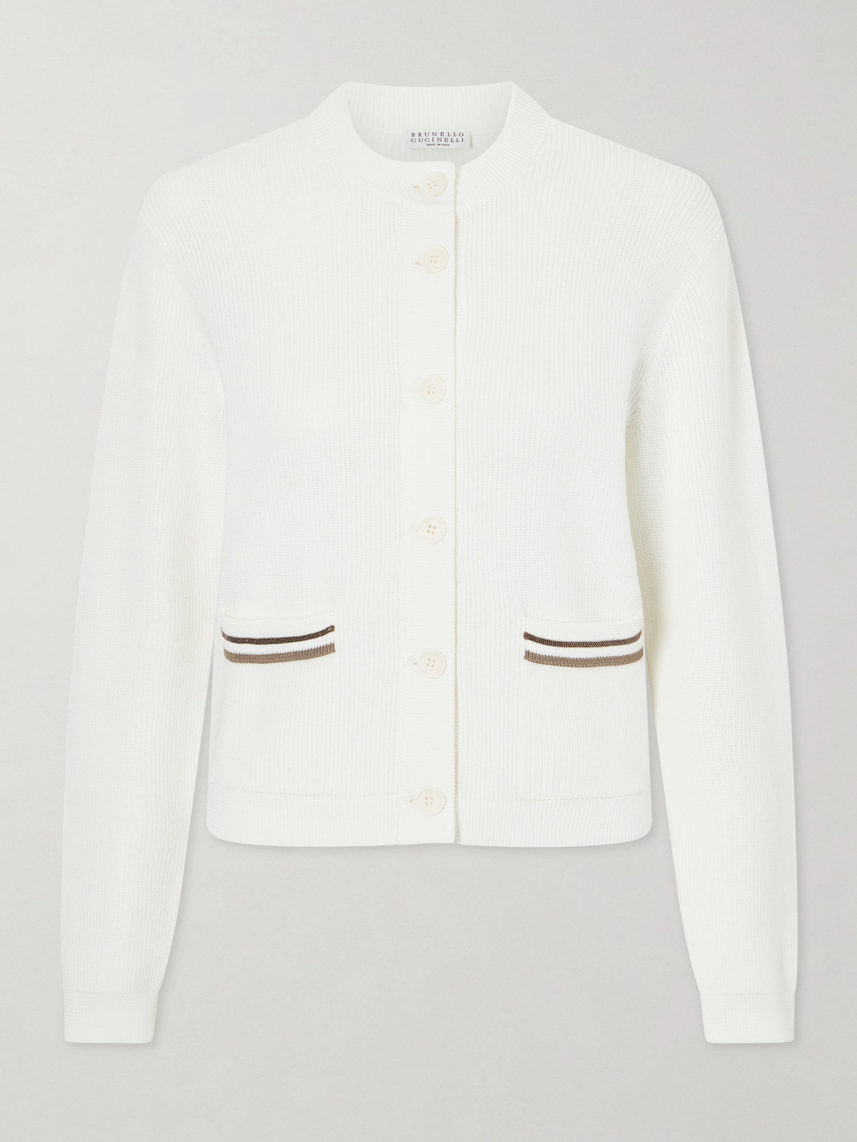 Brunello Cucinelli Bead-embellished Ribbed Cotton Cardigan In White