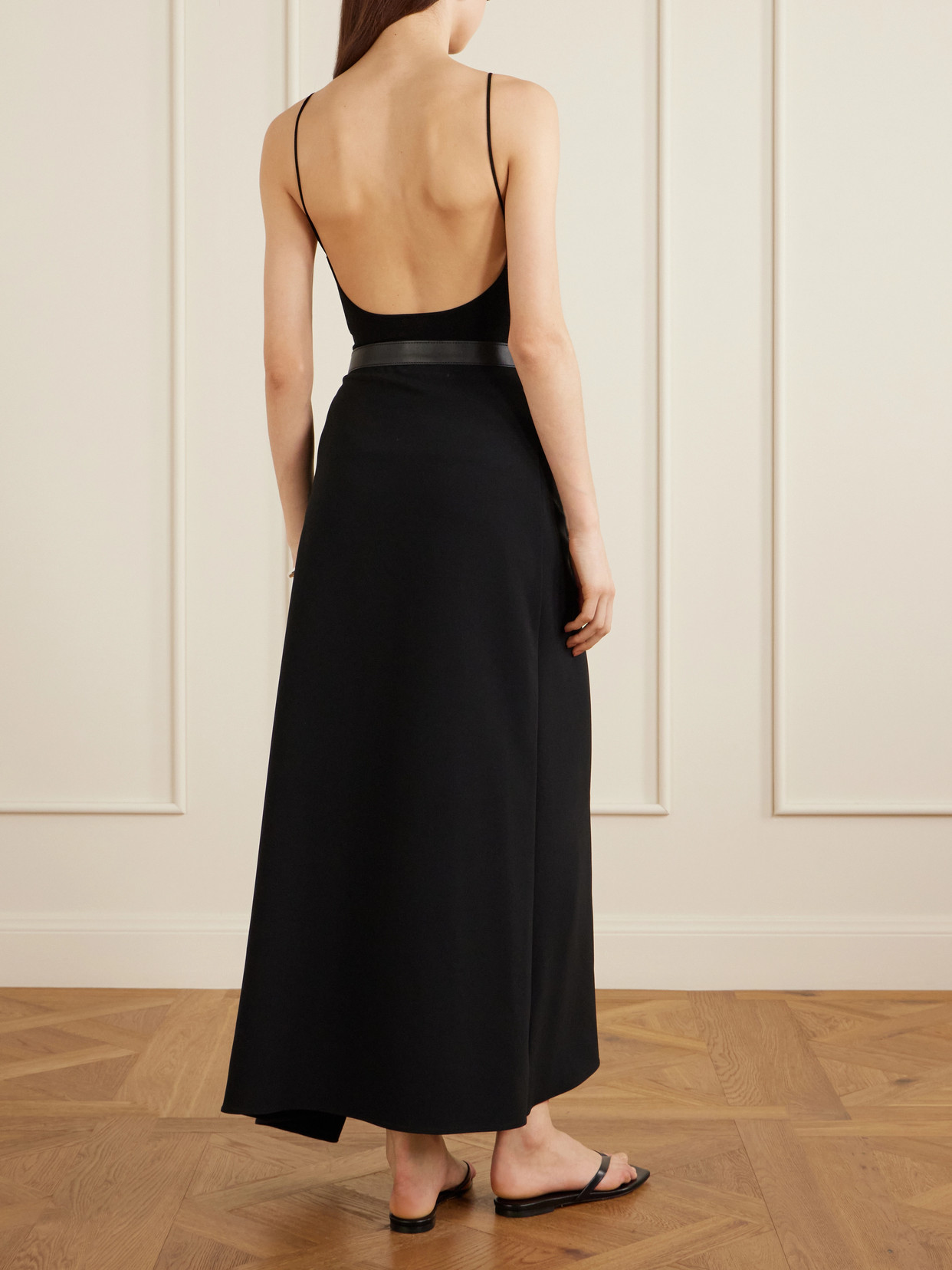 Ainsley Asymmetric Wrap Crepe Skirt With Leather-Belt Detail