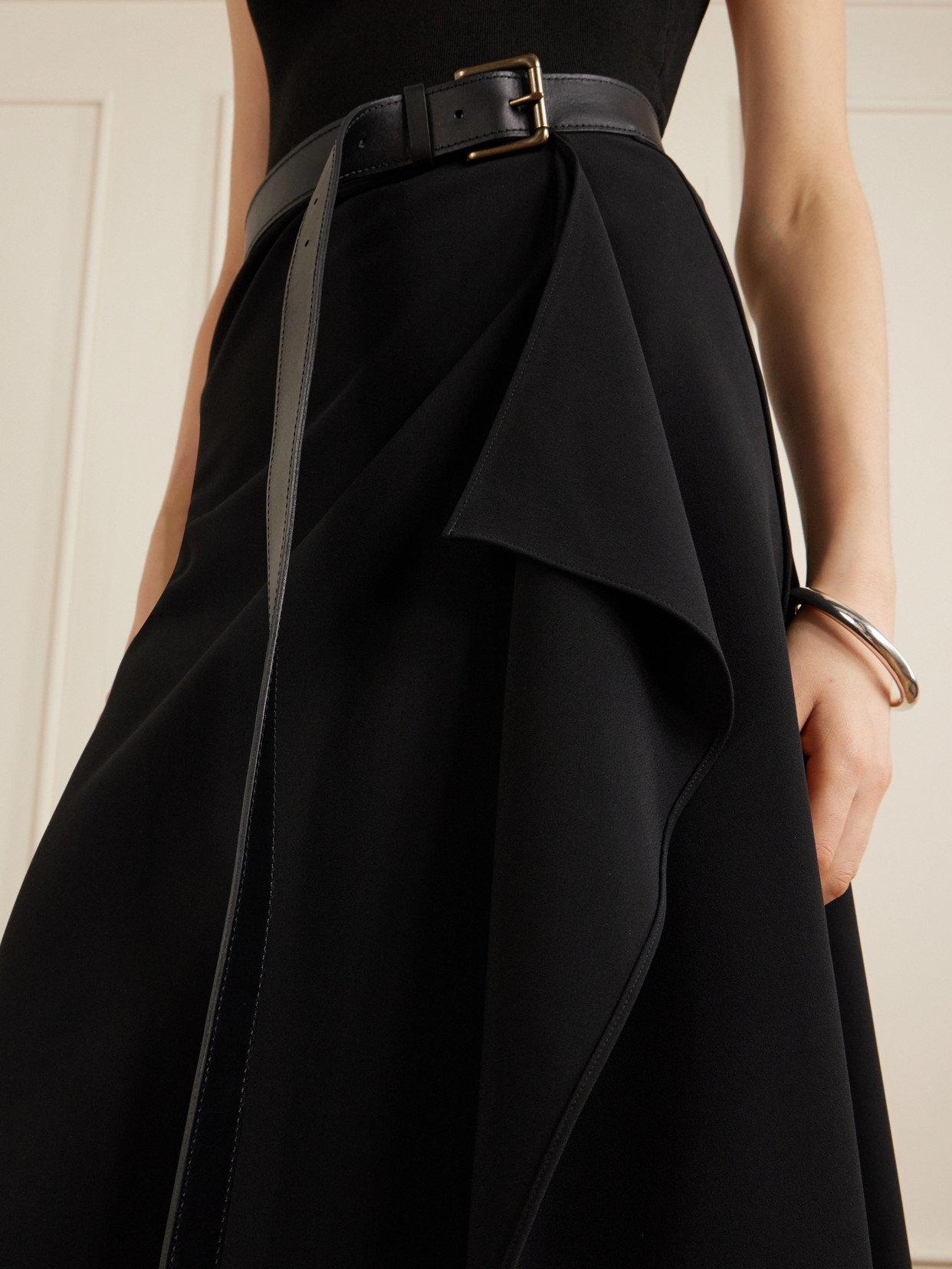 Ainsley Asymmetric Wrap Crepe Skirt With Leather-Belt Detail