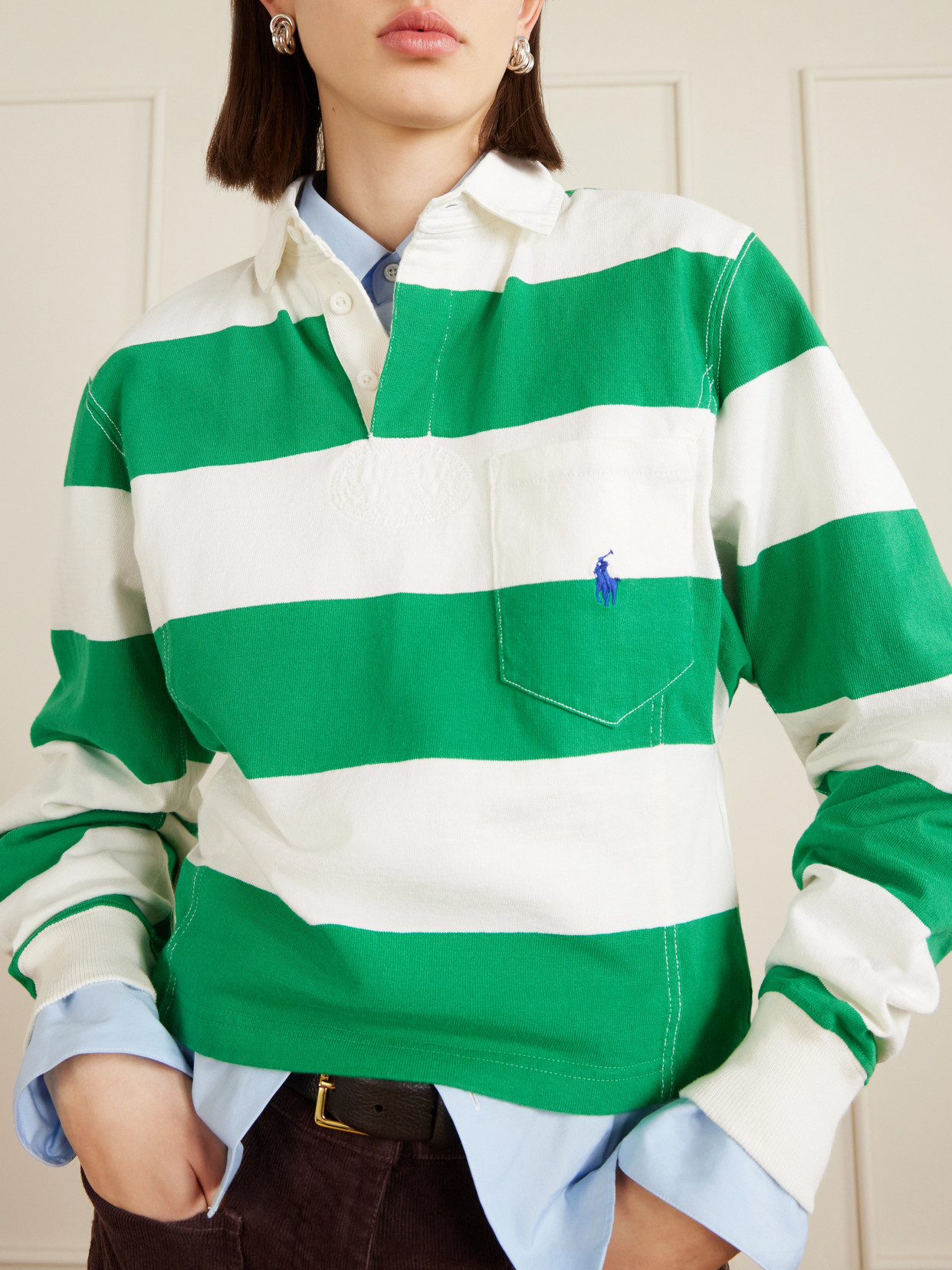 Polo Ralph Lauren Embroidered Striped Cotton Rugby Shirt In Green