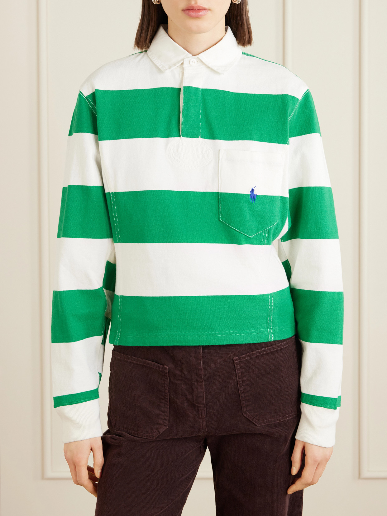 Polo Ralph Lauren Embroidered Striped Cotton Rugby Shirt In Green