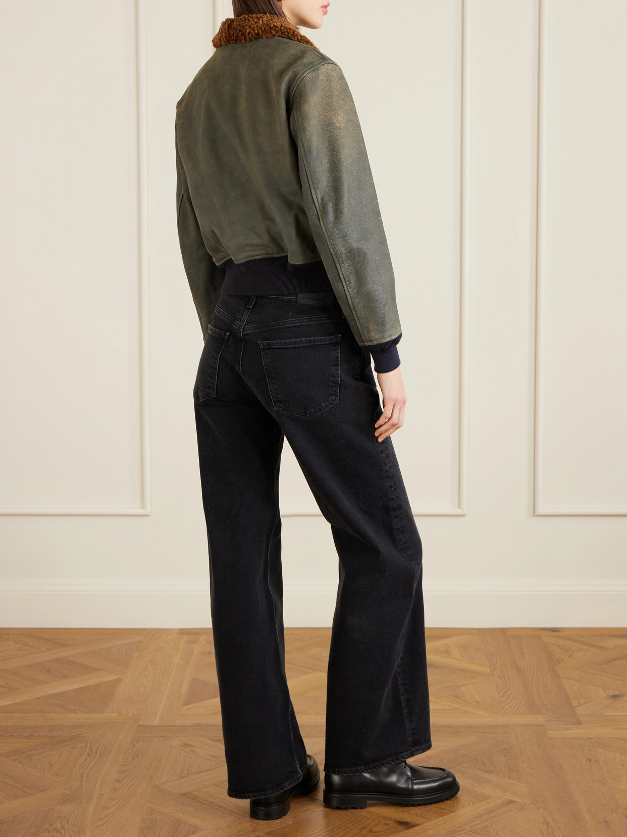 Harper Plush-Trimmed Appliquéd Leather Bomber Jacket