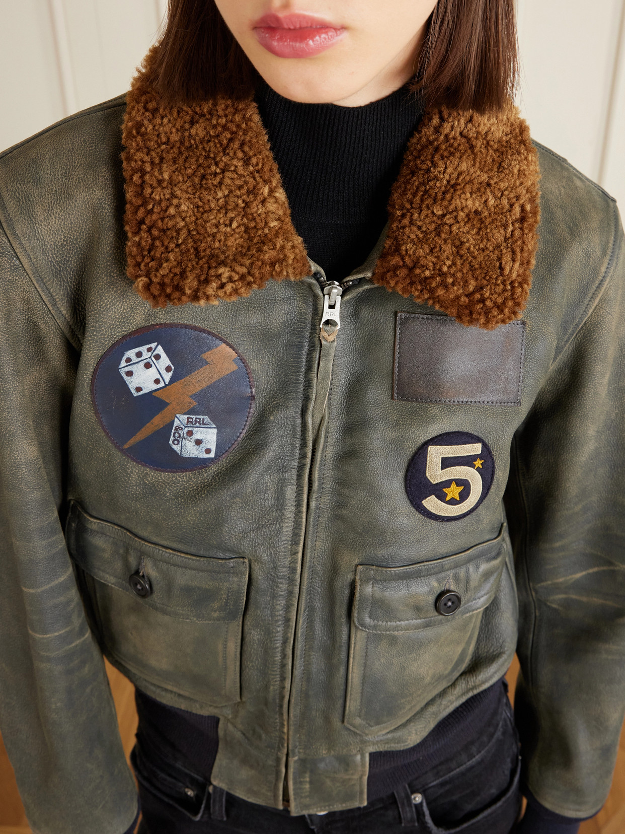 Harper Plush-Trimmed Appliquéd Leather Bomber Jacket