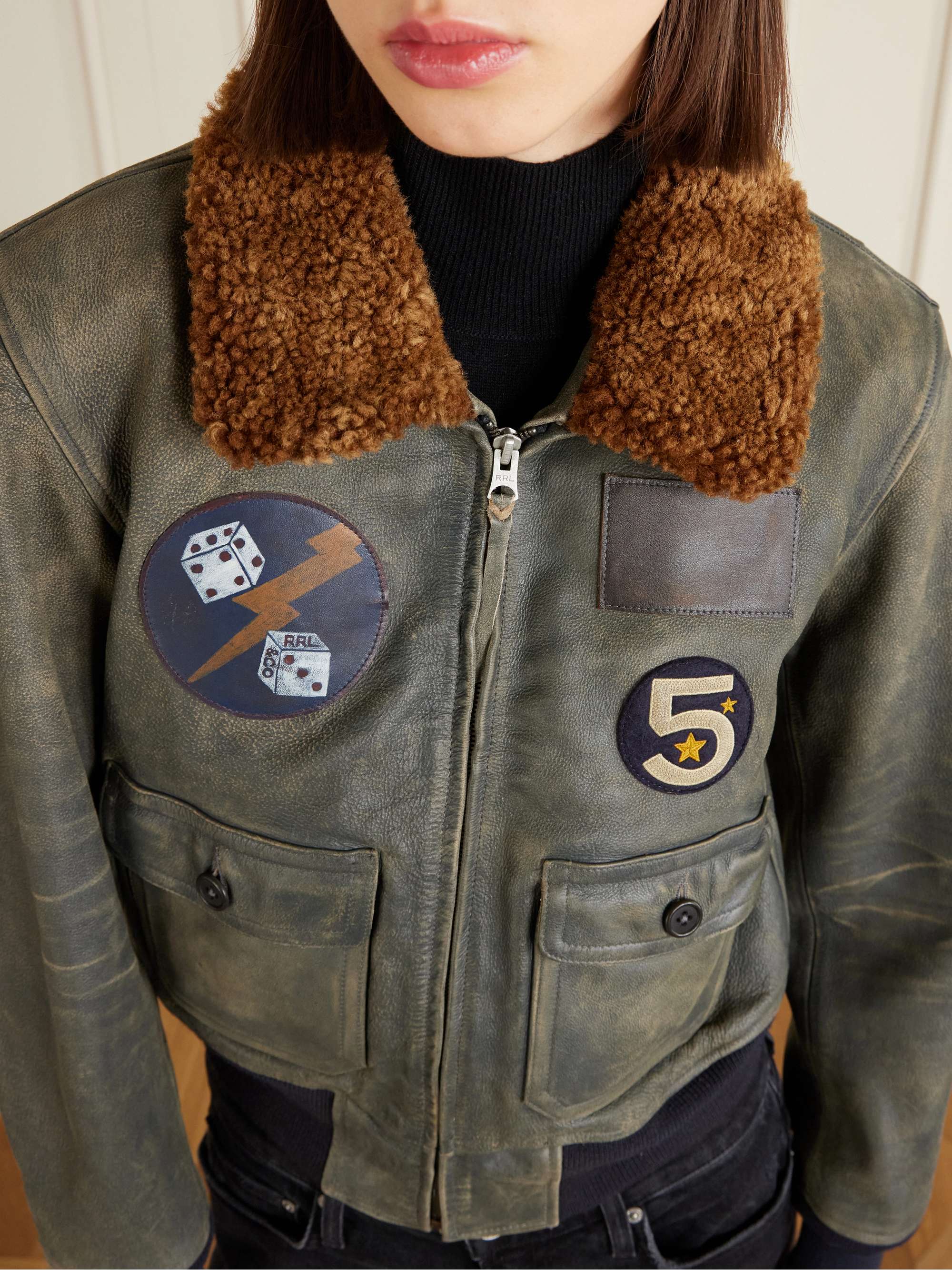 RRL Harper plush-trimmed appliquéd leather bomber jacket | NET-A