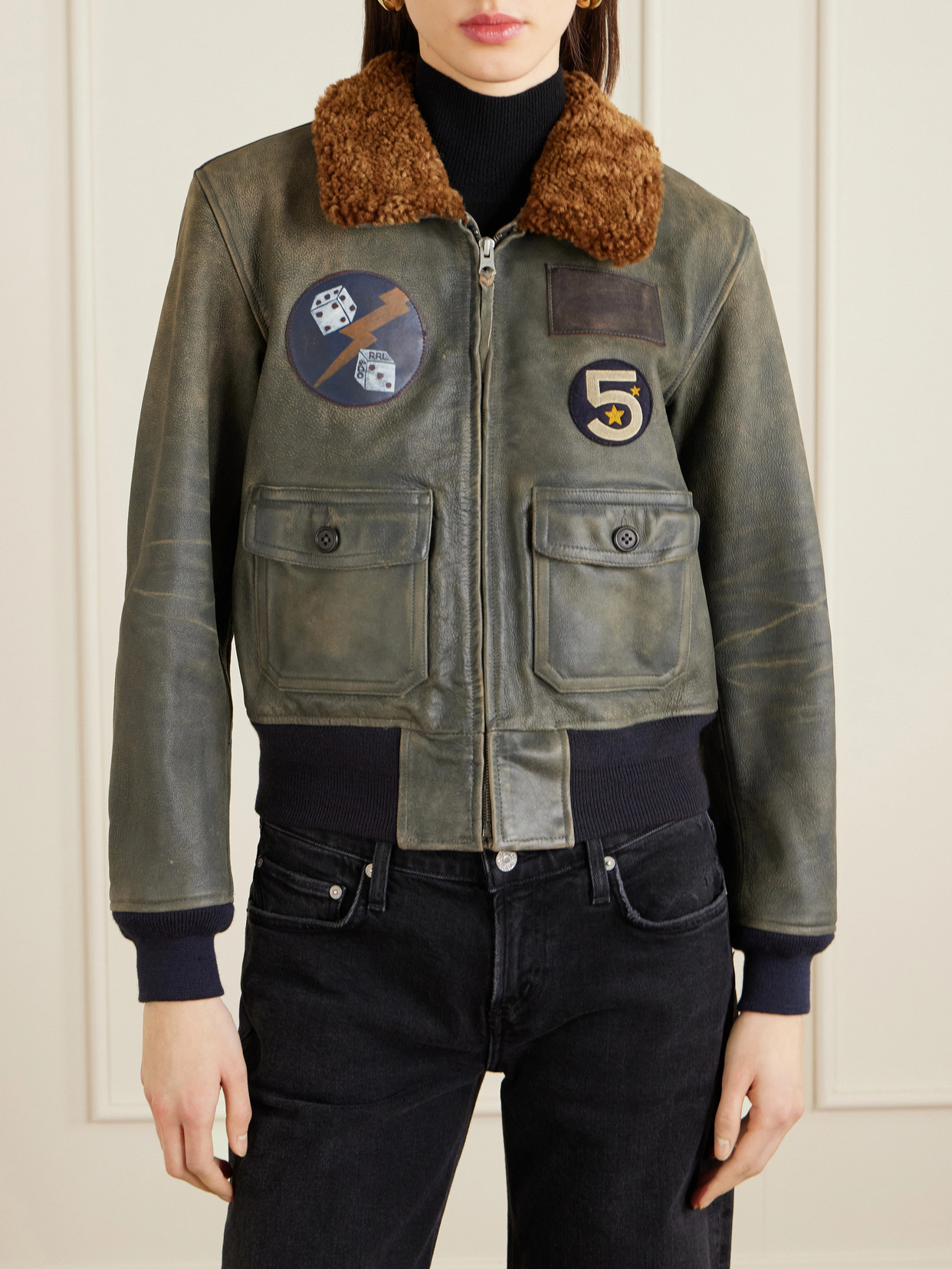 Harper Plush-Trimmed Appliquéd Leather Bomber Jacket