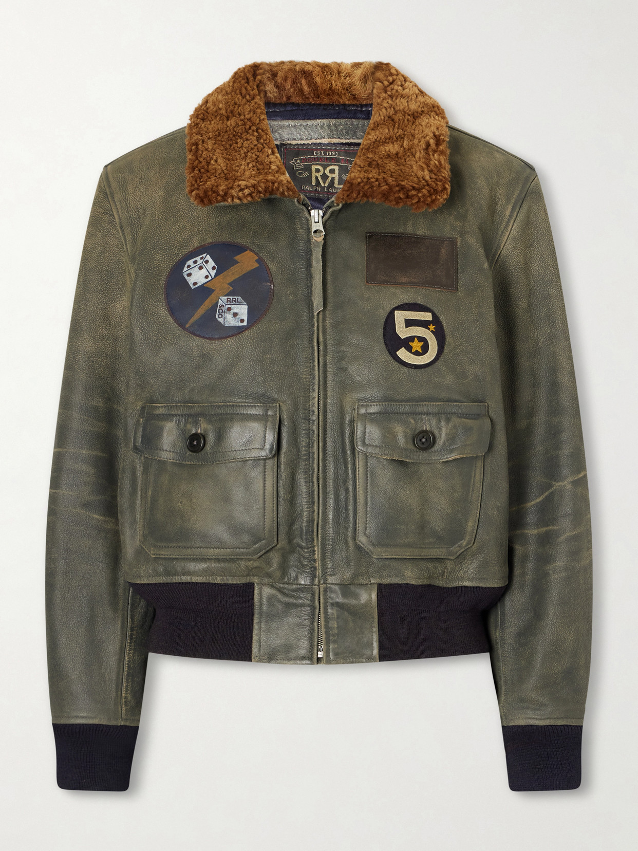 Harper Plush-Trimmed Appliquéd Leather Bomber Jacket