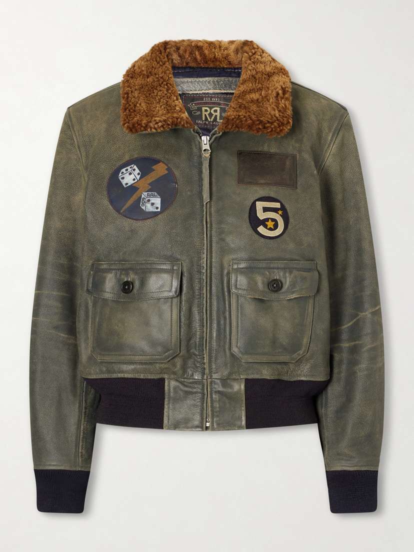 RRL Harper Plush-trimmed Appliquéd Leather Bomber Jacket