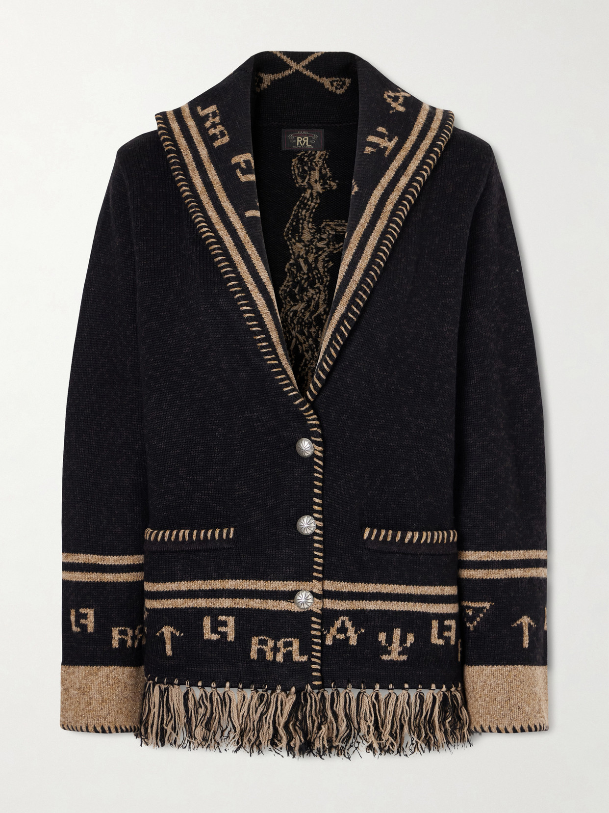 Rrl Jane Fringed Wool And Silk-blend Intarsia Cardigan In Black