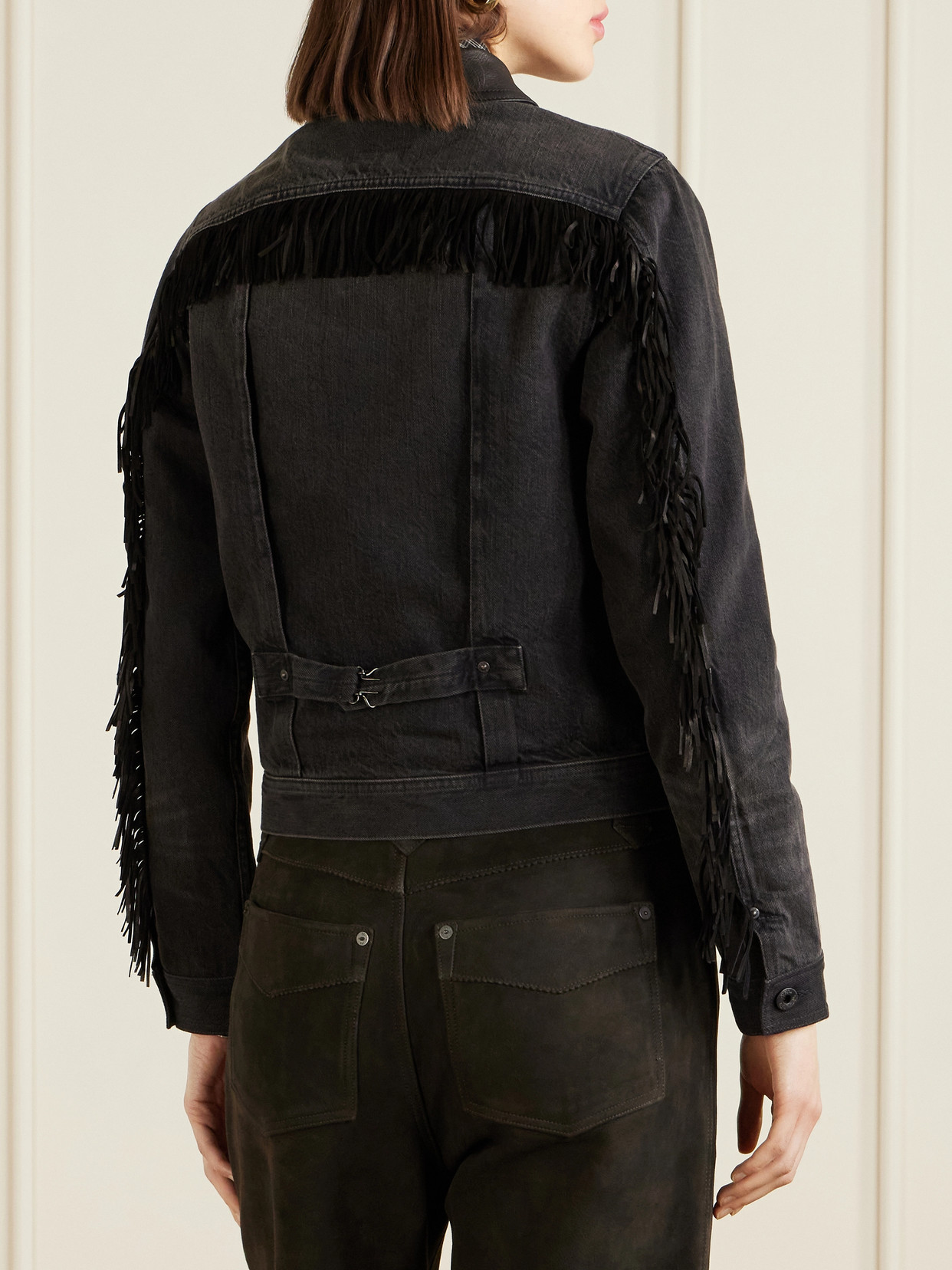 Emerson Cropped Leather-Trimmed Denim Jacket