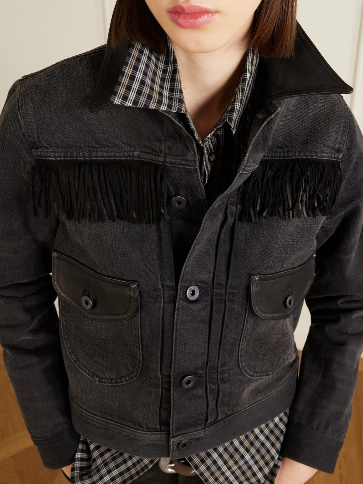 Emerson Cropped Leather-Trimmed Denim Jacket