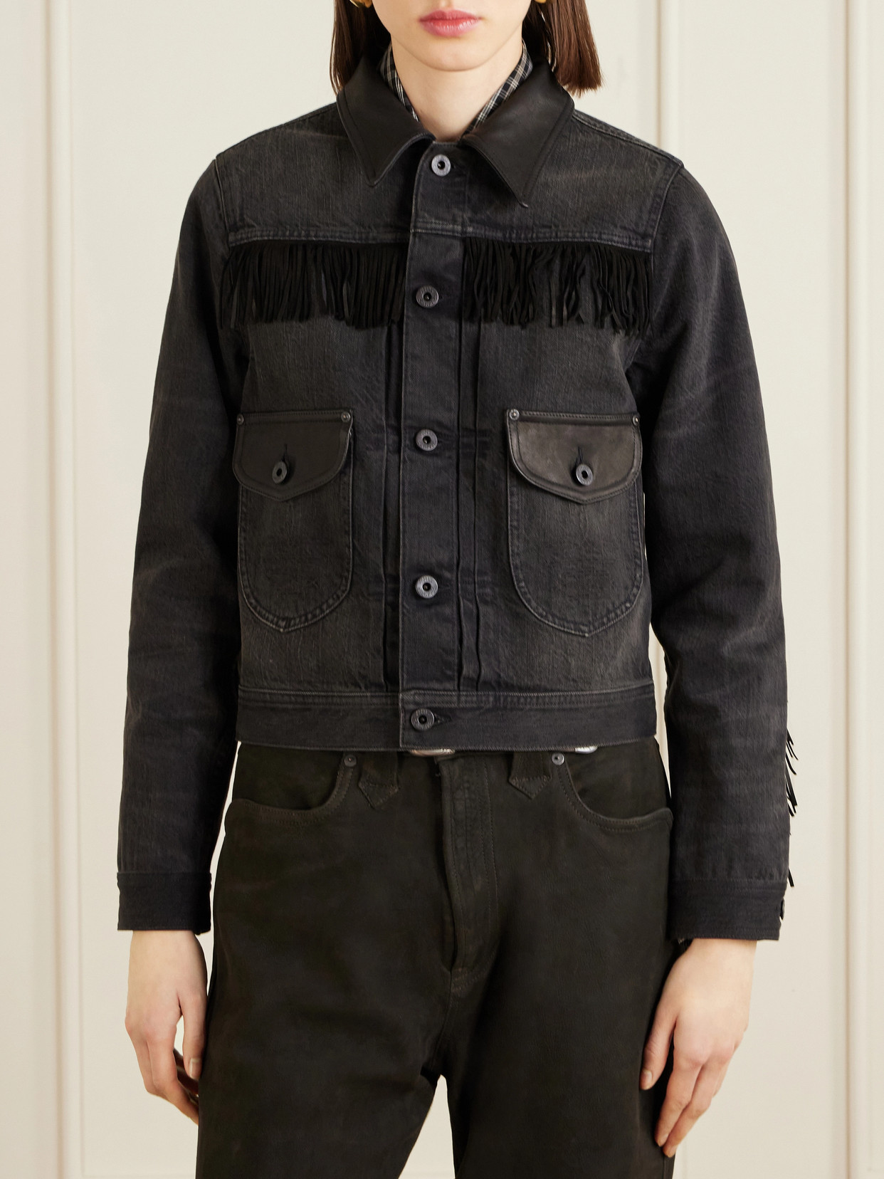 Emerson Cropped Leather-Trimmed Denim Jacket