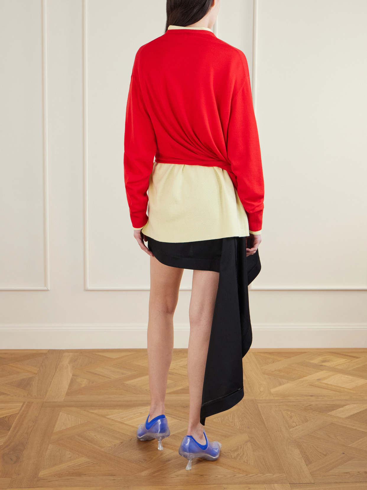 Loewe Asymmetric Draped Embroidered Wool-blend Sweater In Red