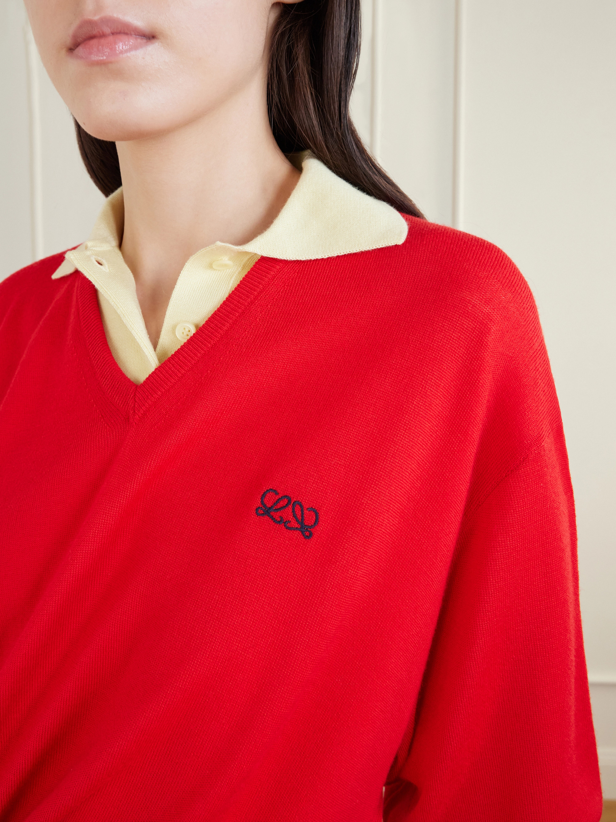 Loewe Asymmetric draped embroidered wool-blend sweater thumbnail