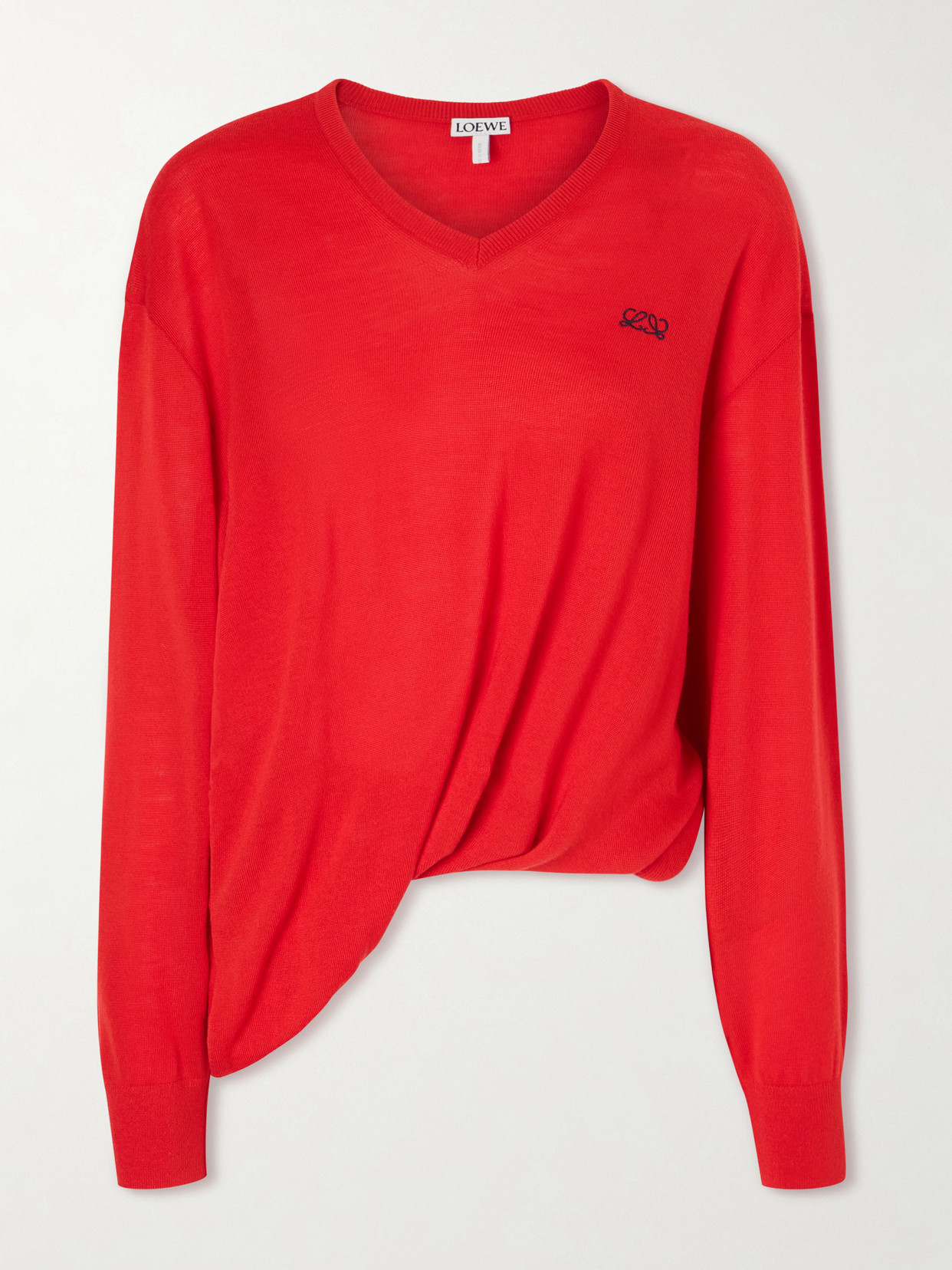 Loewe Asymmetric Draped Embroidered Wool-blend Sweater In Red