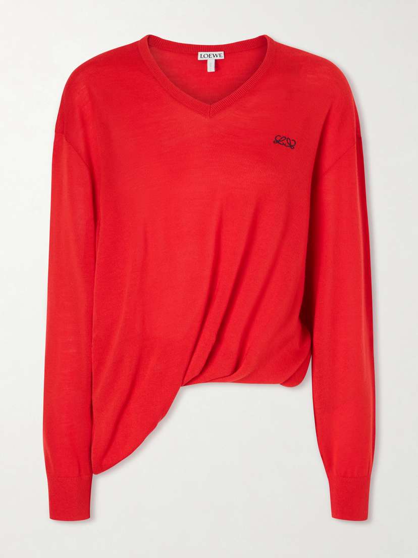 Loewe Asymmetric Draped Embroidered Wool-blend Sweater