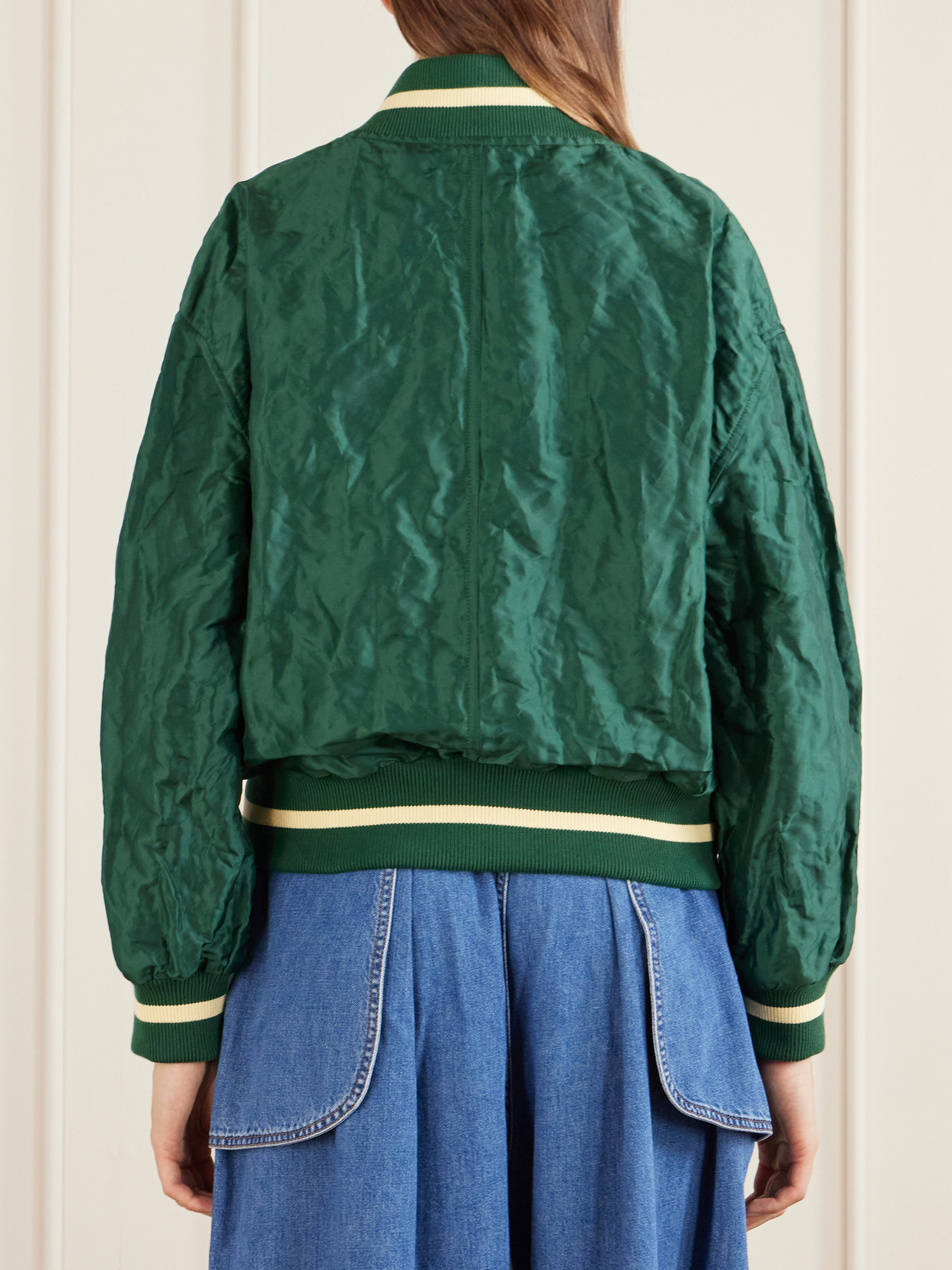 Loewe Womens Dark Green Crinkled-texture Striped-trim Woven Bomber Jacket In Gray