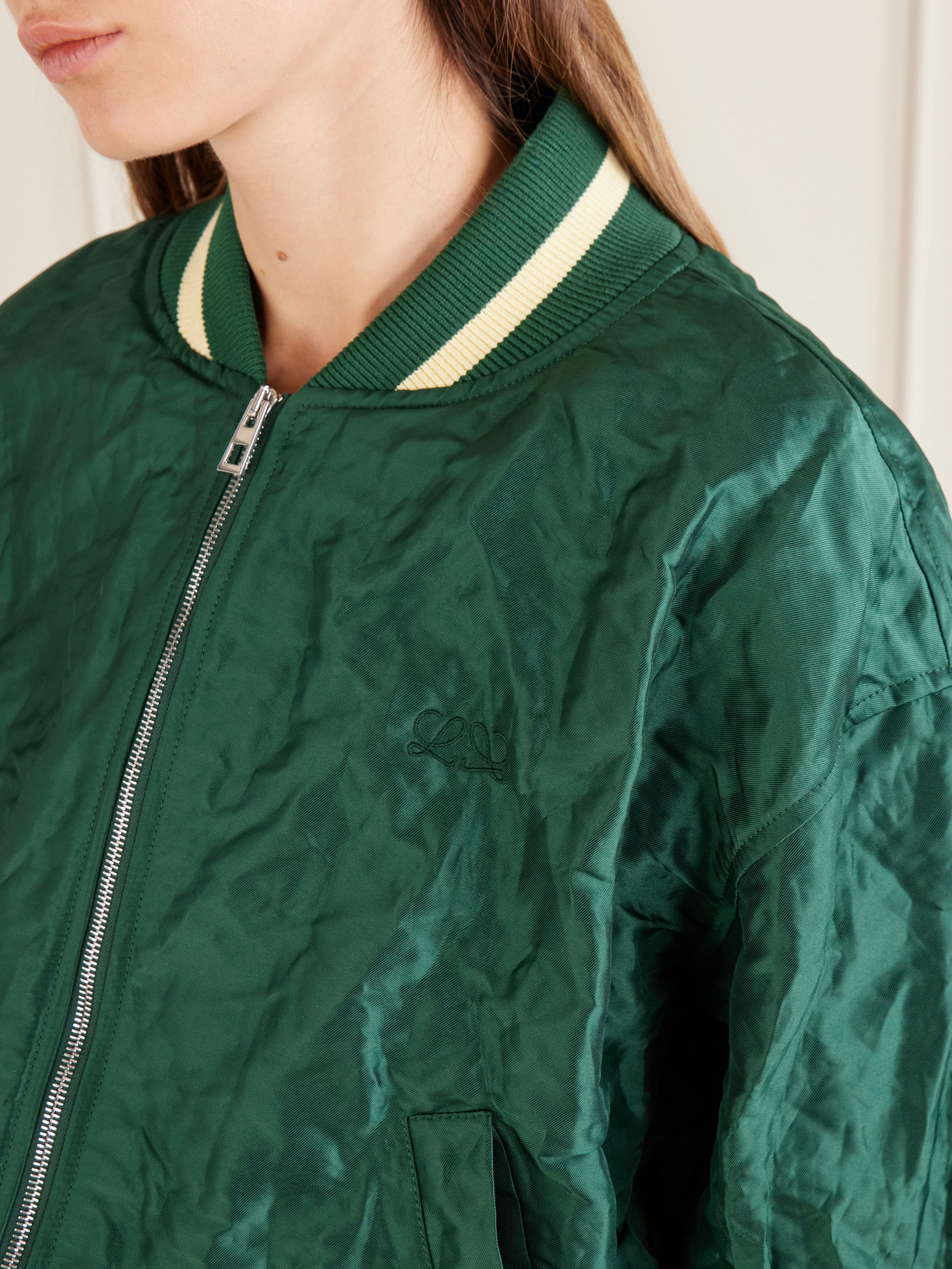 Loewe Womens Dark Green Crinkled-texture Striped-trim Woven Bomber Jacket In Gray