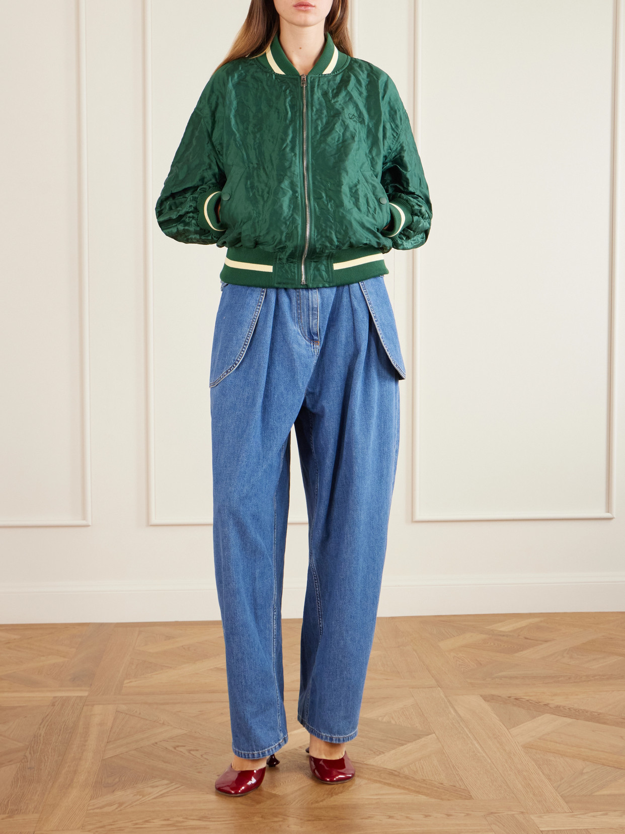 Loewe Womens Dark Green Crinkled-texture Striped-trim Woven Bomber Jacket In Gray